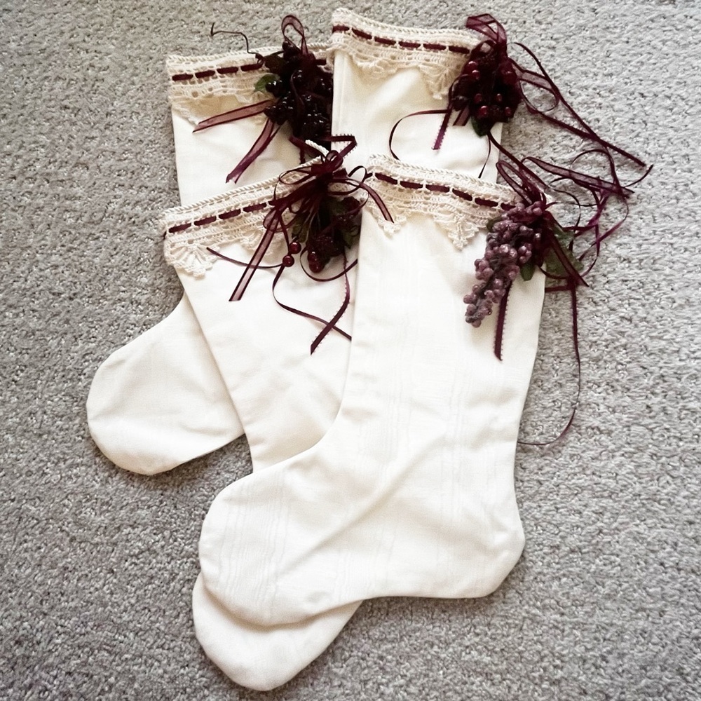 Creamy White Christmas Stockings Lace Burgundy Berries Traditional Victorian 4x